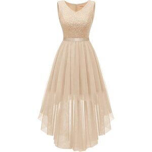 BeryLove Women Tulle Champagne Navy Chiffon Scoop Neck Sleeveless Cocktail Dress